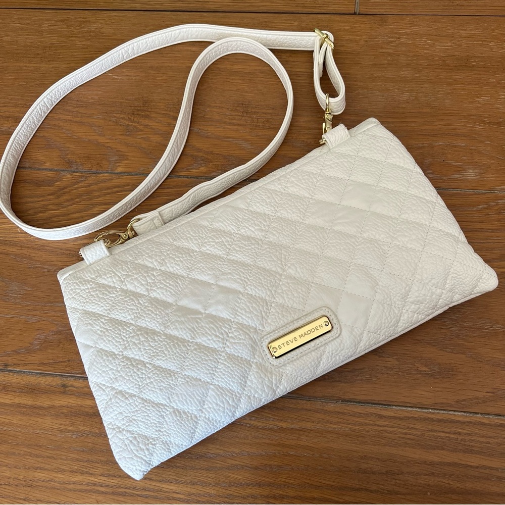 Steve Madden White Quilted Fold Over Cross Body Purse with Gold Hardware
